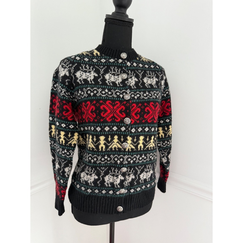 Vintage Wool Cardigan Sweater Reindeer Nordic Black red Size S Fall River‎ cozy